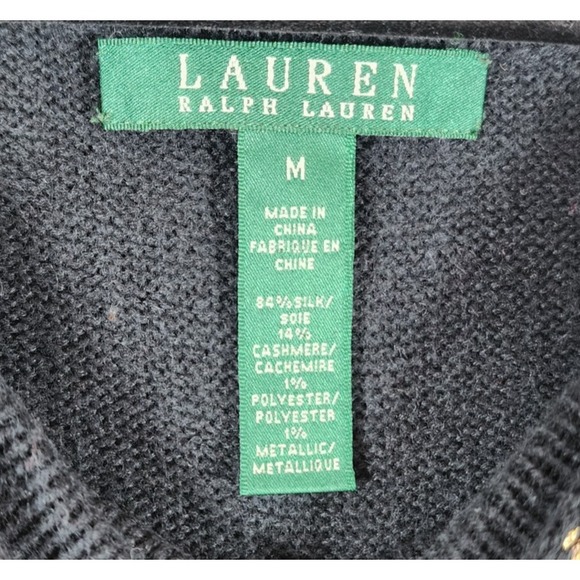 Lauren Ralph Lauren Sweater Sz L Black Silk Cashmere Blend Metallic Gold Trim - Picture 3 of 8
